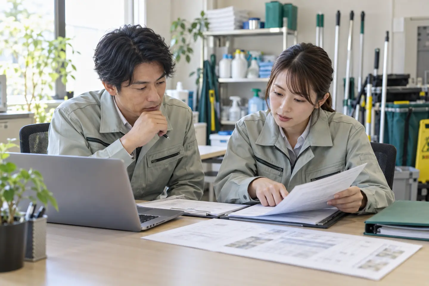 公共施設の清掃入札に向けて資料を確認する担当者