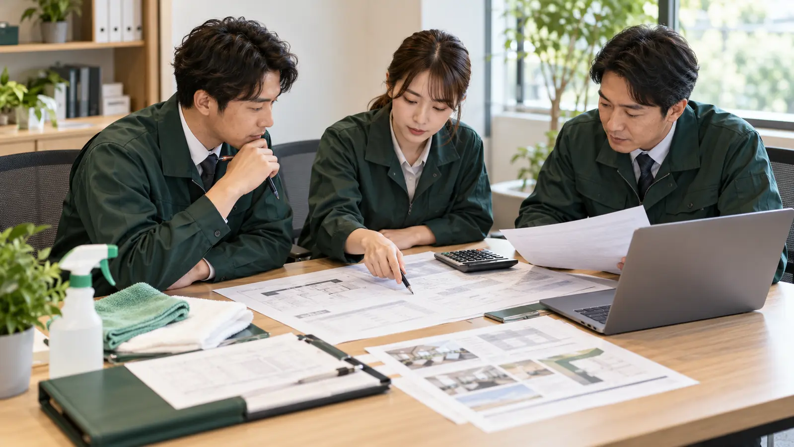 清掃業務の資料と価格条件を比較する担当者たちのイメージ