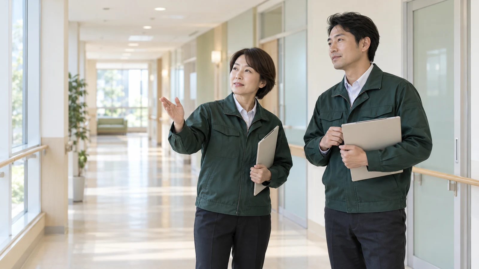 病院の廊下で清掃業務の範囲と配置計画を確認する担当者