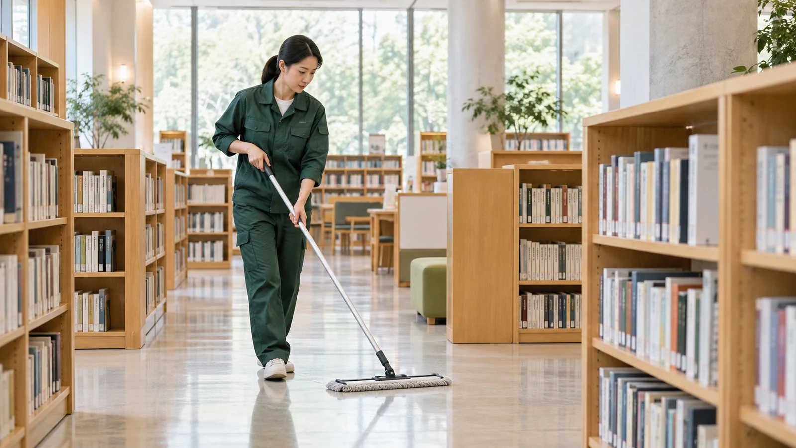 静かな図書館の書棚と閲覧スペースで作業範囲を確認する清掃担当者