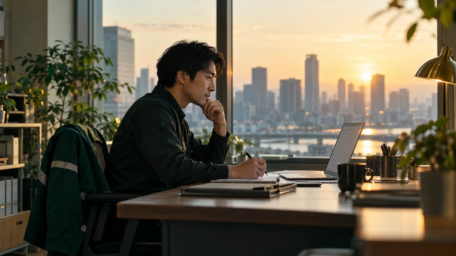 朝のオフィスで入札案件を検討する清掃会社の経営者