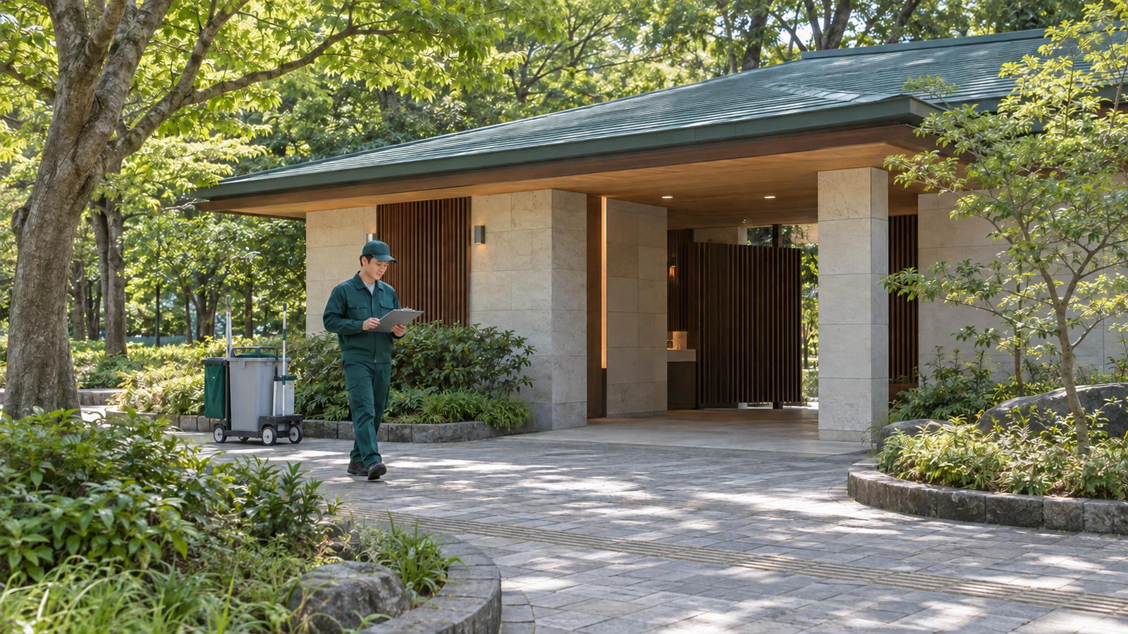 緑に囲まれた公園の歩道と公共トイレ周辺で清掃範囲を確認する担当者