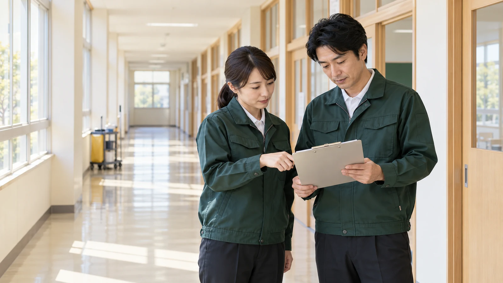 授業のない学校の廊下で、清掃する窓と作業範囲を確認する担当者