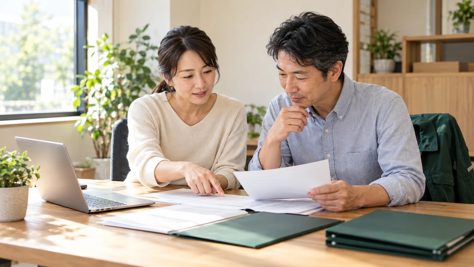 清掃会社の担当者がパソコンと資料を使って公共案件を比較している様子