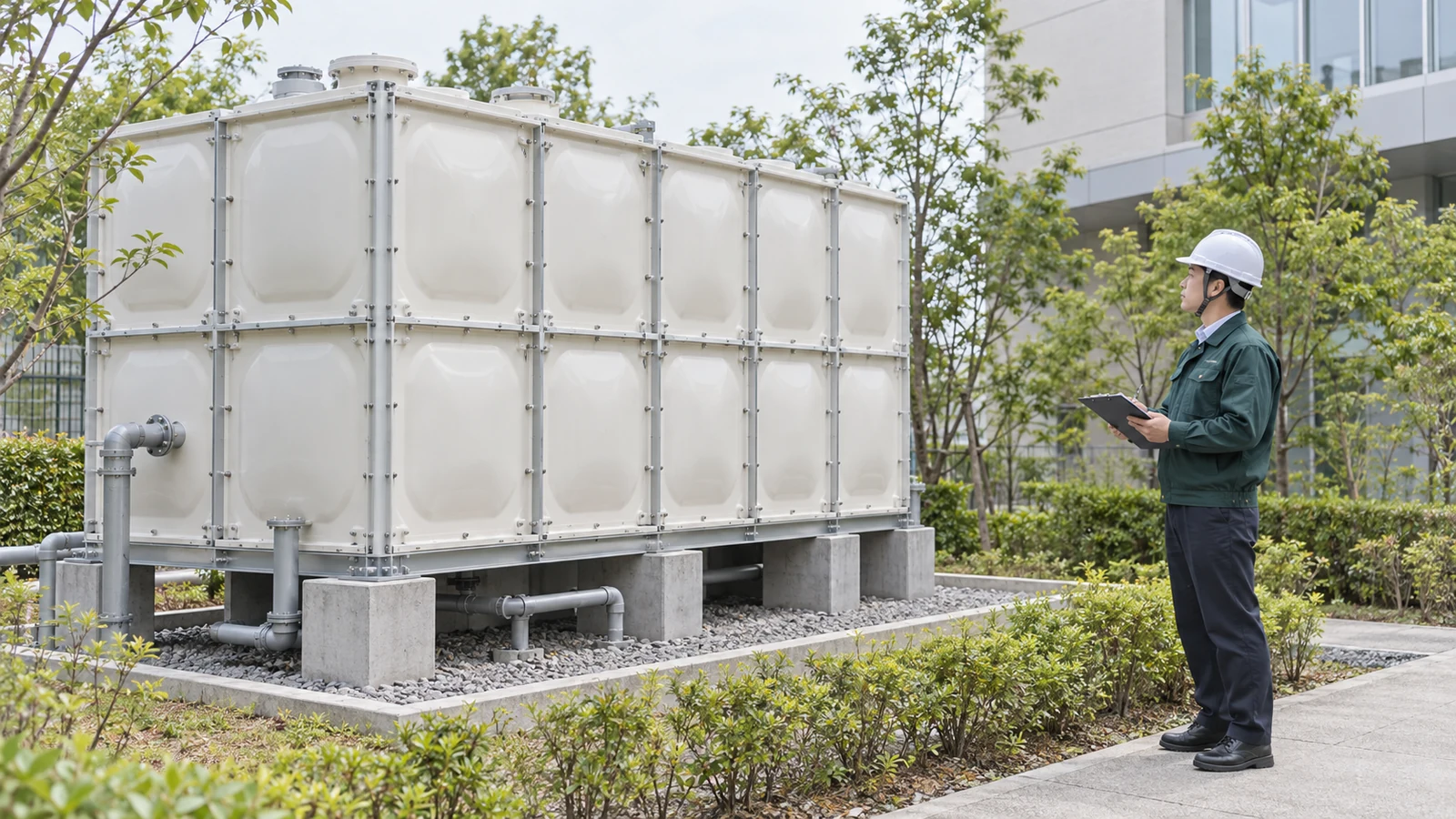受水槽設備の外側で図面と点検項目を照合する清掃会社の担当者